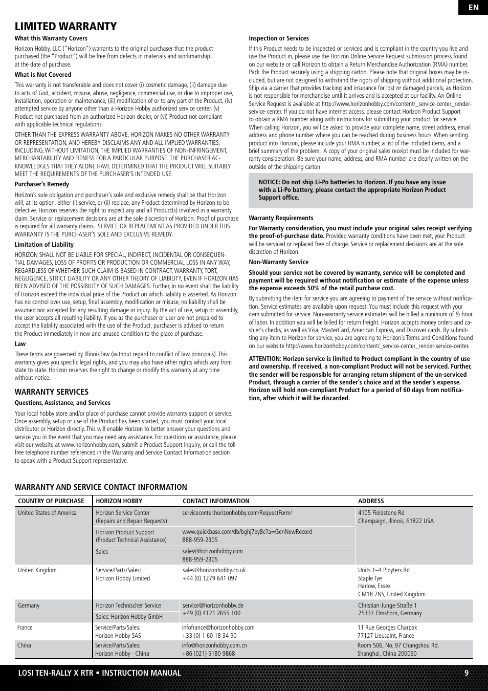 Limited warranty | Losi LOS03000 TEN Rally-X RTR User Manual | Page 9 / 10