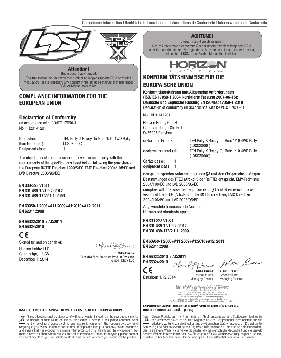 Losi LOS03000 TEN Rally-X RTR Legal Insert User Manual | 2 pages