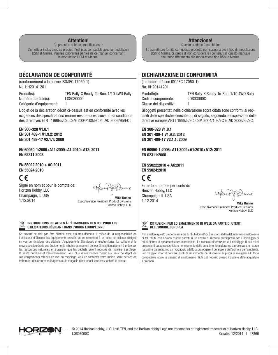 Déclaration de conformité, Dichiarazione di conformitá, Attention | Attenzione | Losi LOS03000 TEN Rally-X RTR Legal Insert User Manual | Page 2 / 2