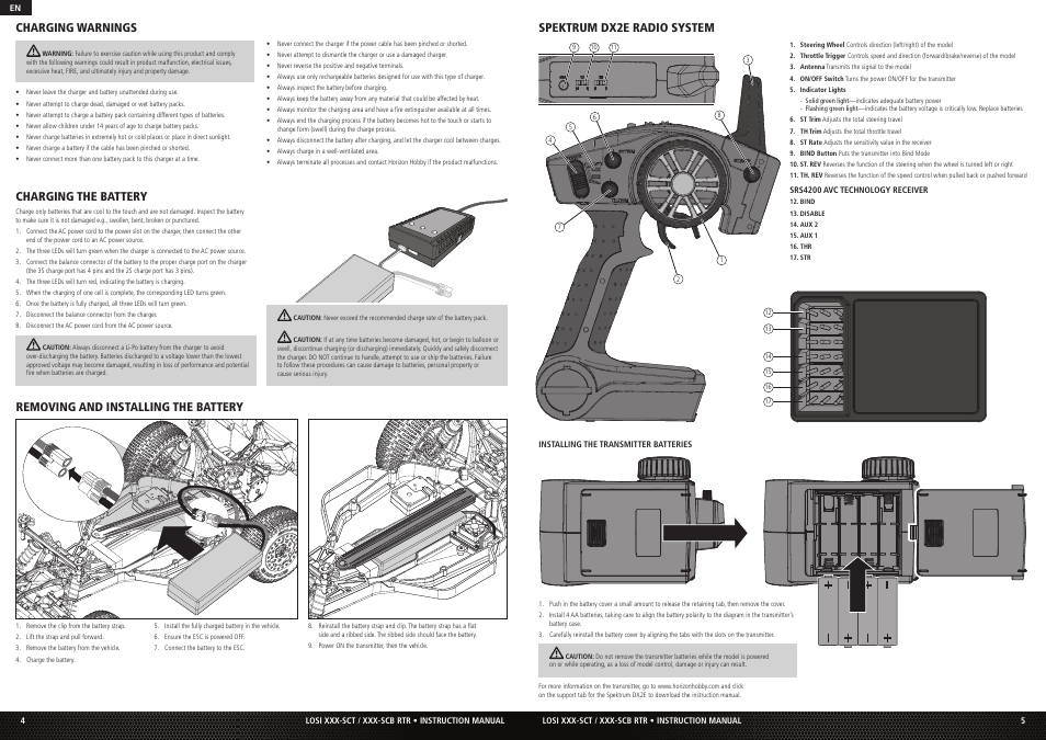 Charging the battery, Spektrum dx2e radio system | Losi LOS03003 XXX-SCB Brushless RTR User Manual | Page 3 / 6