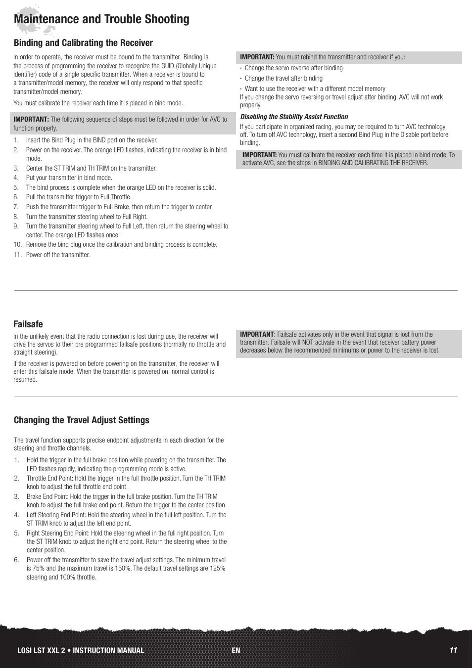 Maintenance and trouble shooting, Failsafe | Losi LOS04002 User Manual | Page 11 / 30