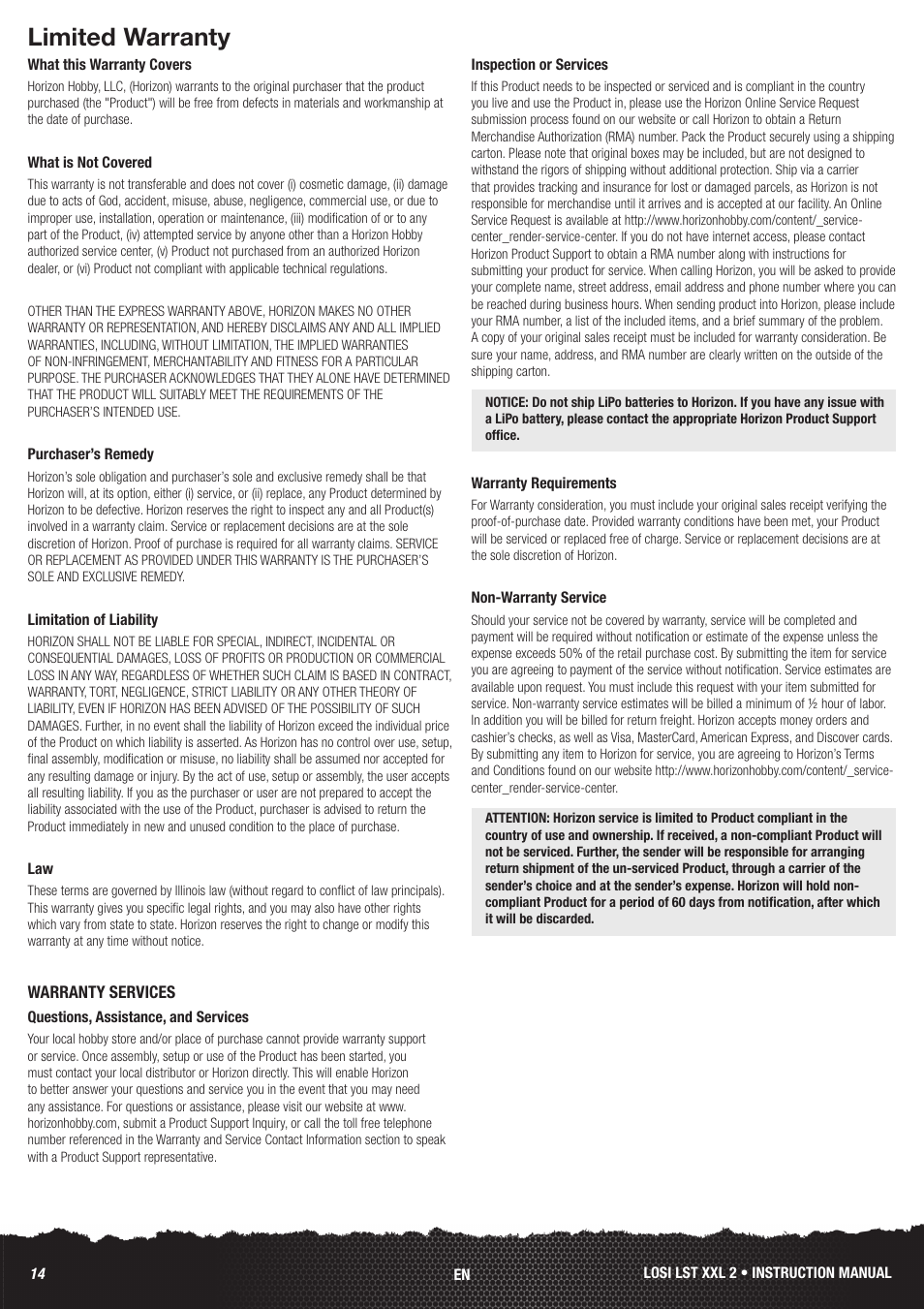 Limited warranty | Losi LOS04002 User Manual | Page 14 / 30