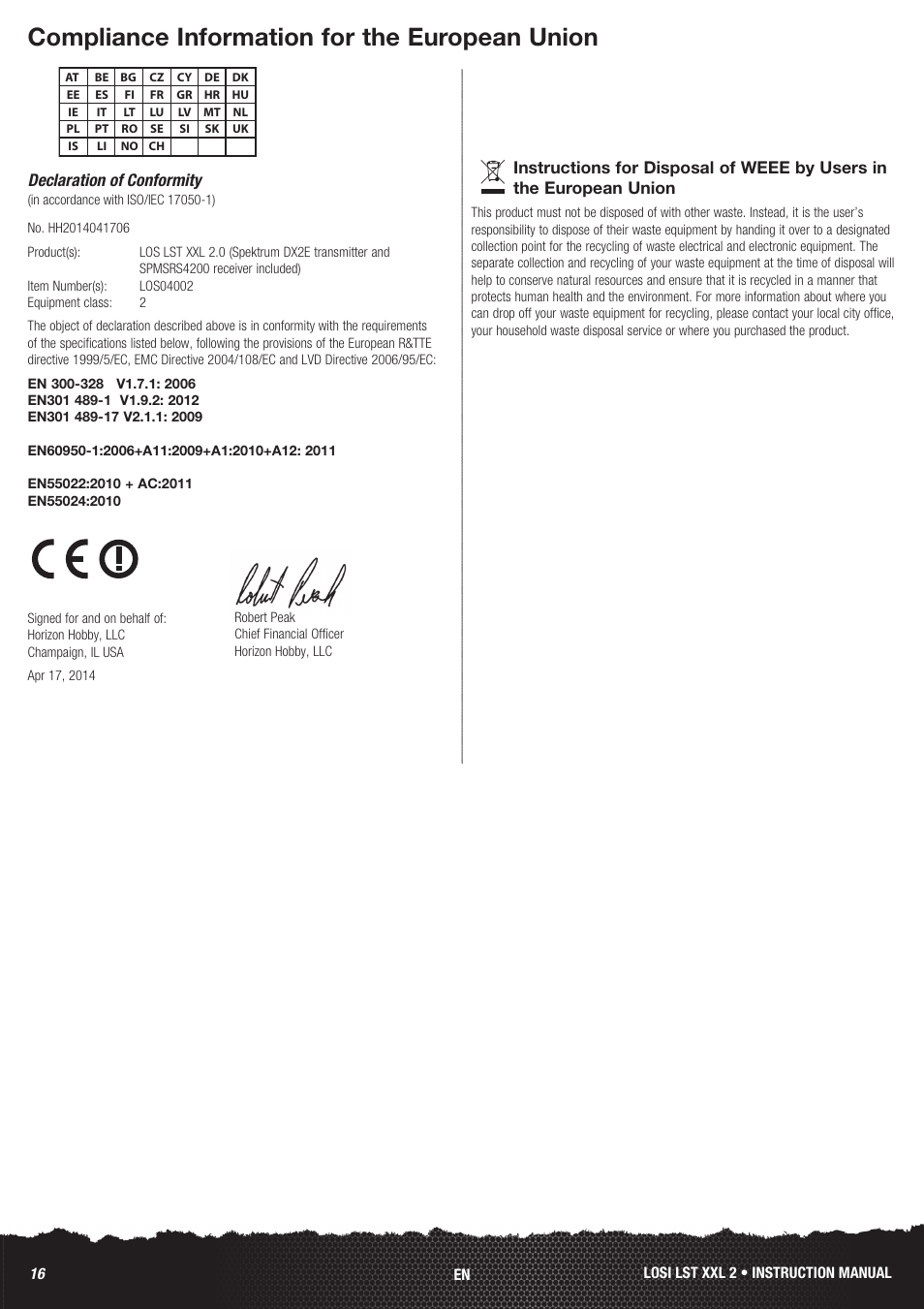 Compliance information for the european union | Losi LOS04002 User Manual | Page 16 / 30