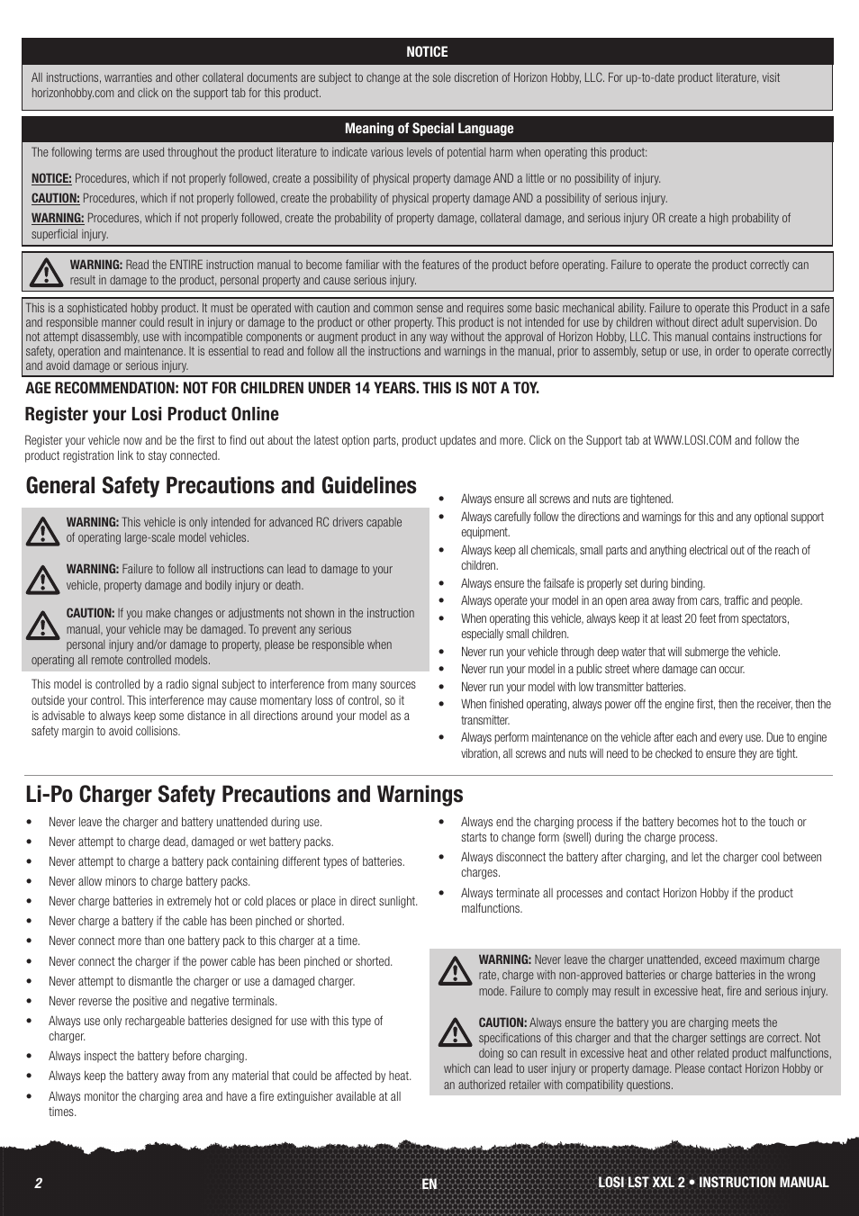 General safety precautions and guidelines, Li-po charger safety precautions and warnings, Register your losi product online | Losi LOS04002 User Manual | Page 2 / 30