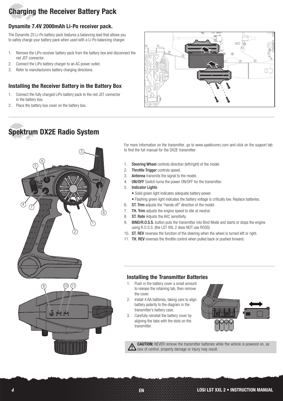 Charging the receiver battery pack, Spektrum dx2e radio system, Installing the receiver battery in the battery box | Installing the transmitter batteries | Losi LOS04002 User Manual | Page 4 / 30