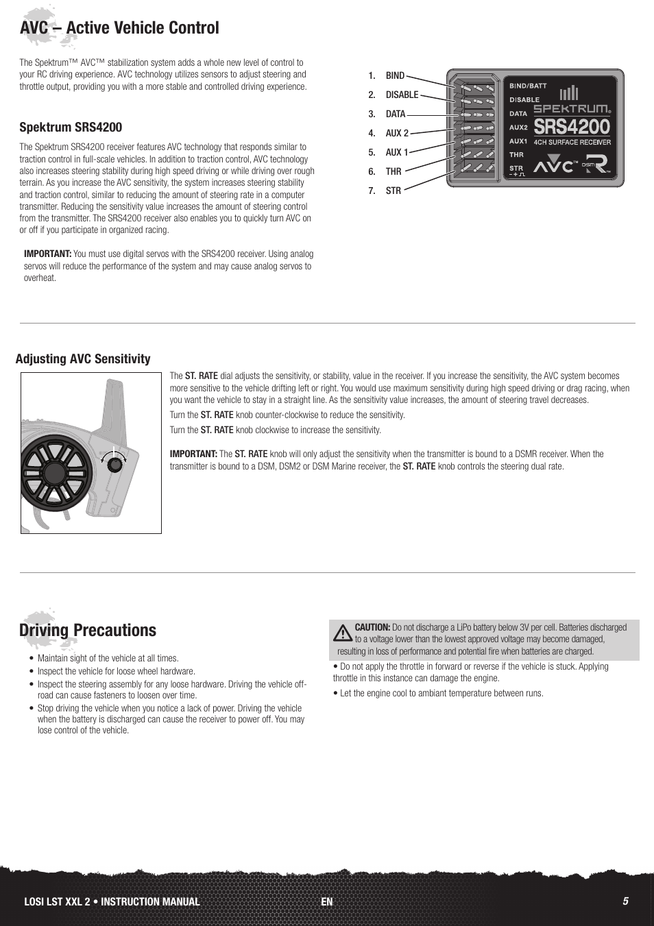 Avc – active vehicle control, Driving precautions, Spektrum srs4200 | Adjusting avc sensitivity | Losi LOS04002 User Manual | Page 5 / 30