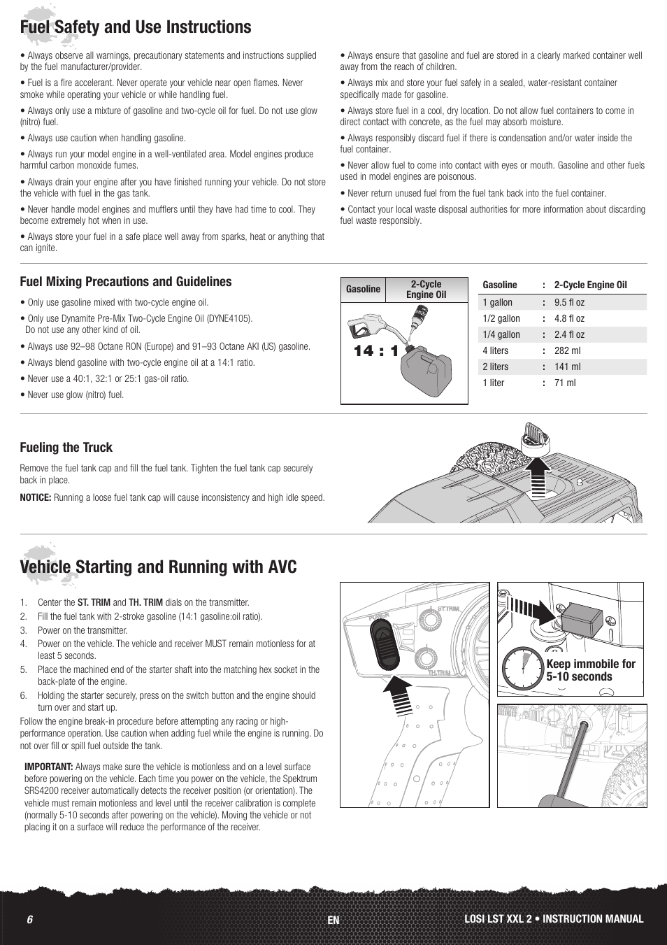 Fuel safety and use instructions, Vehicle starting and running with avc | Losi LOS04002 User Manual | Page 6 / 30