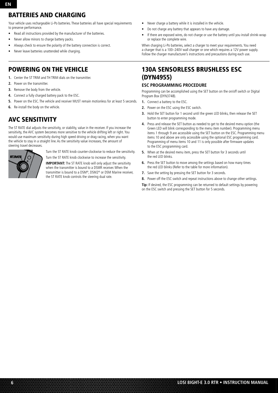 Batteries and charging, Powering on the vehicle, Avc sensitivity | Losi LOS04003 User Manual | Page 6 / 10