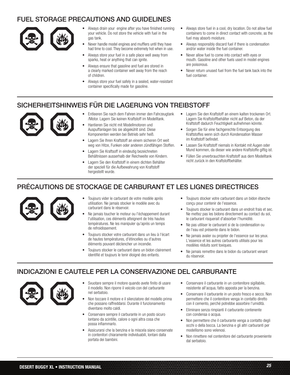 Sicherheitshinweis für die lagerung von treibstoff, Fuel storage precautions and guidelines | Losi LOS05001 User Manual | Page 25 / 86