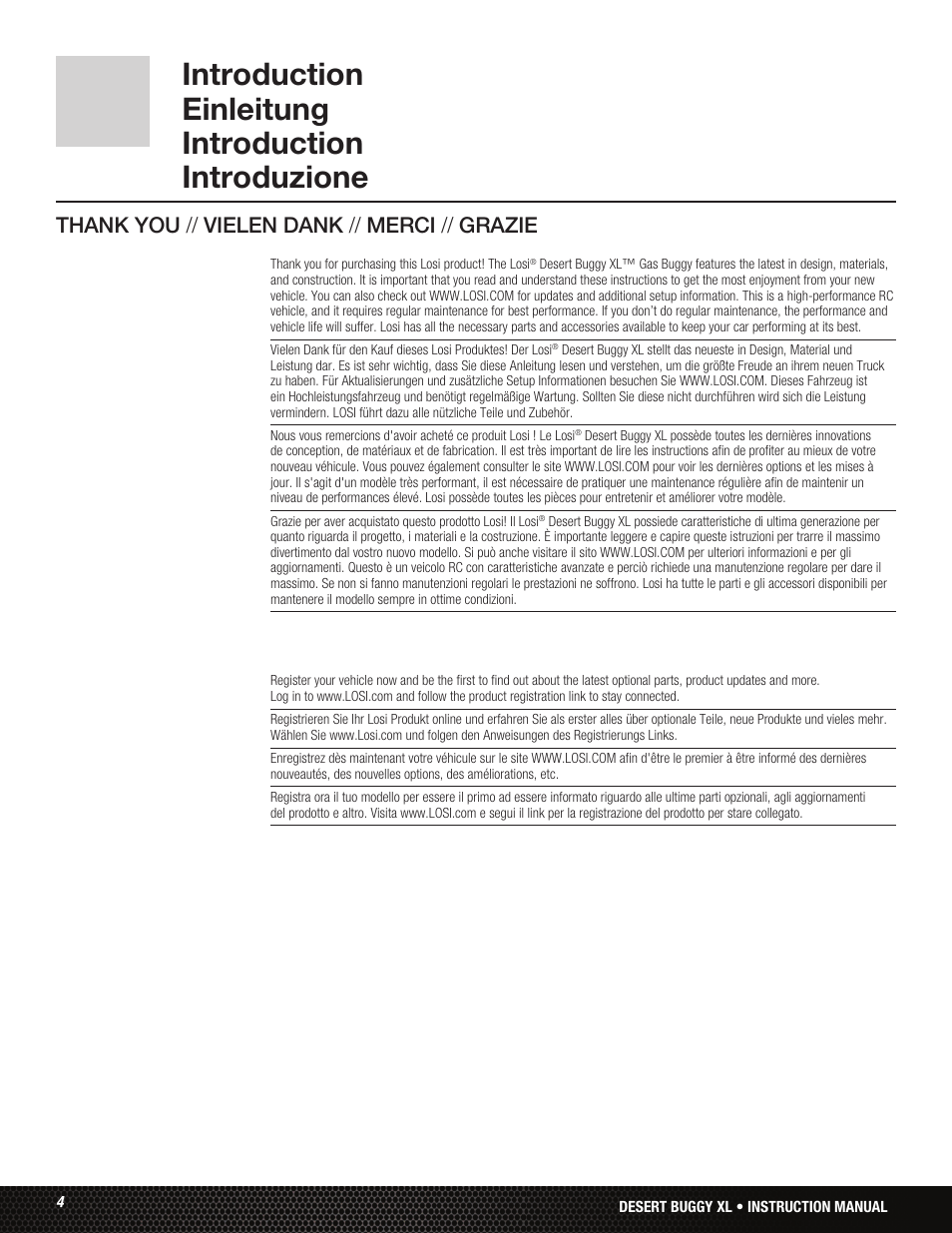 Introduction einleitung introduction introduzione | Losi LOS05001 User Manual | Page 4 / 86