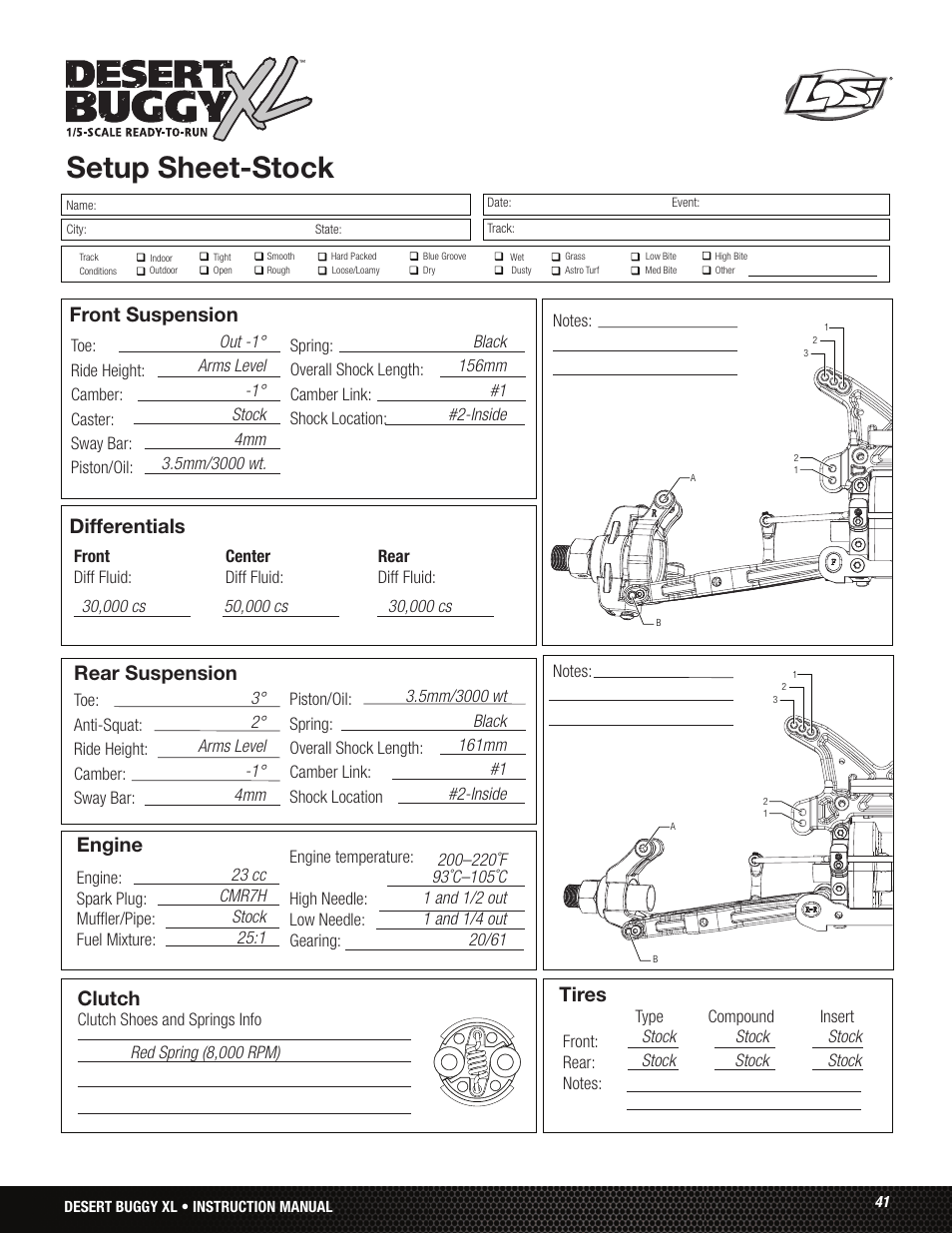 Setup sheet-stock, Front suspension differentials, Rear suspension | Engine, Tires, Clutch | Losi LOS05001 User Manual | Page 41 / 86
