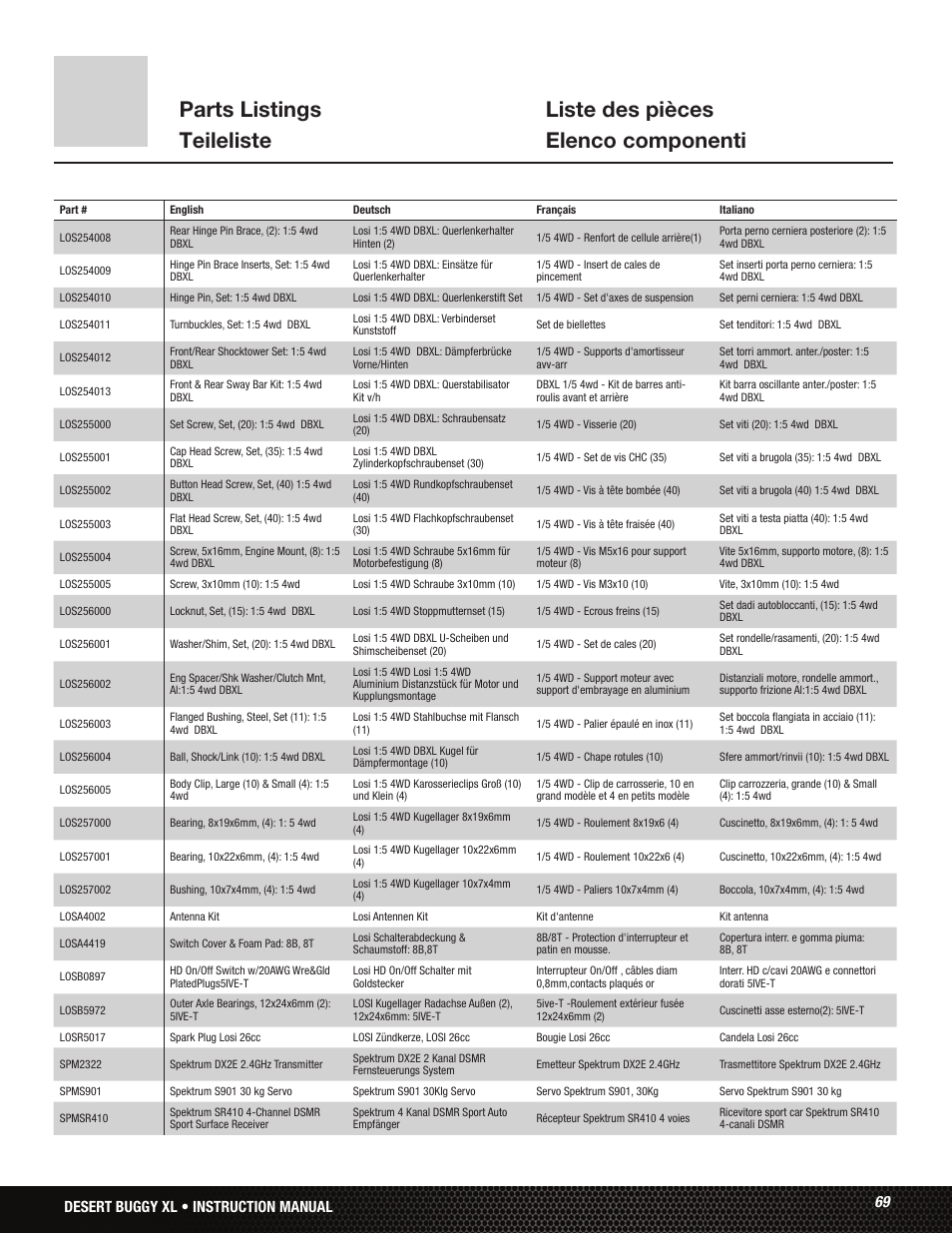 69 desert buggy xl • instruction manual | Losi LOS05001 User Manual | Page 69 / 86