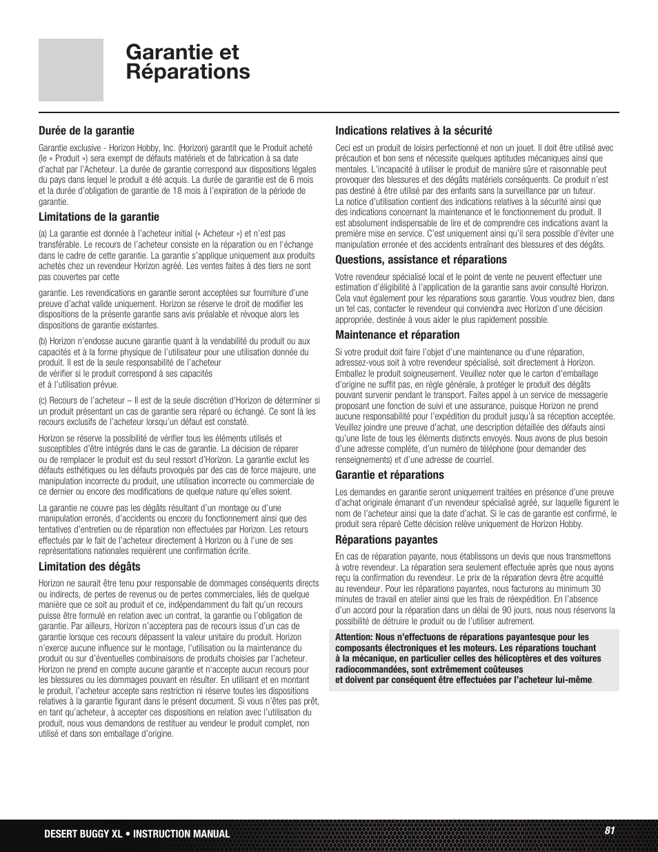 Garantie et réparations | Losi LOS05001 User Manual | Page 81 / 86