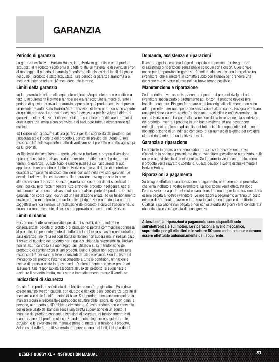 Garanzia | Losi LOS05001 User Manual | Page 83 / 86