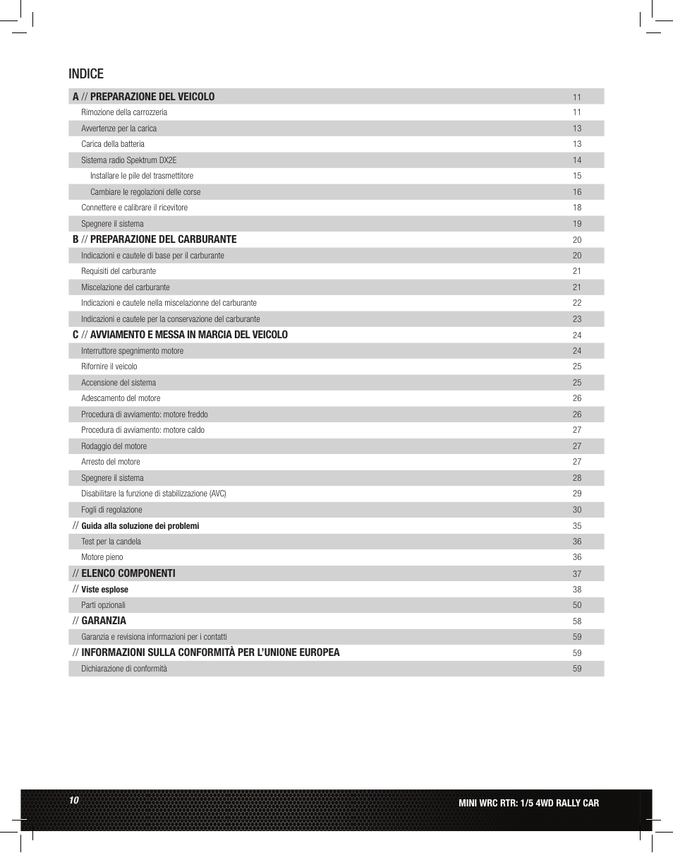 Indice | Losi LOS05007 1/5 MINI WRC 4WD Rally Car Manual User Manual | Page 10 / 60