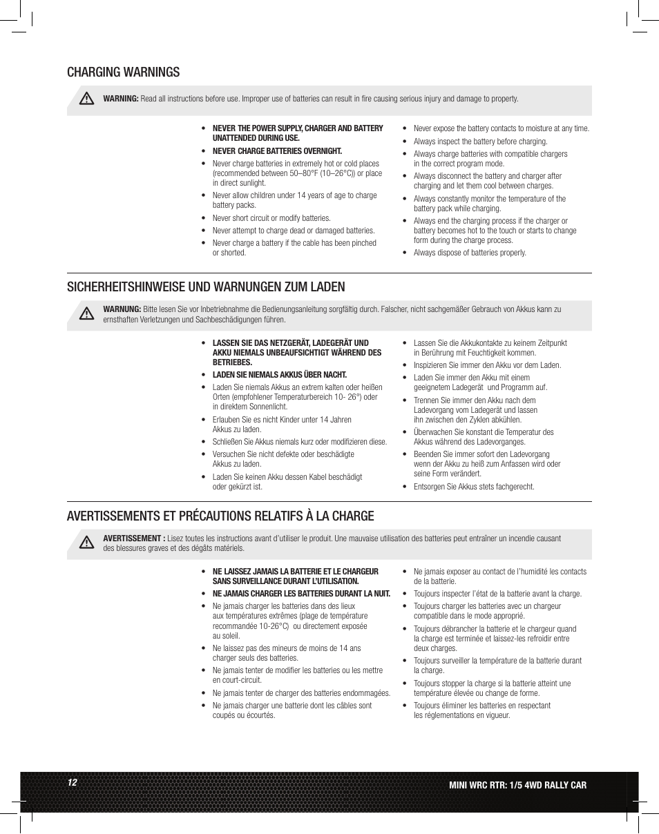 Charging warnings | Losi LOS05007 1/5 MINI WRC 4WD Rally Car Manual User Manual | Page 12 / 60