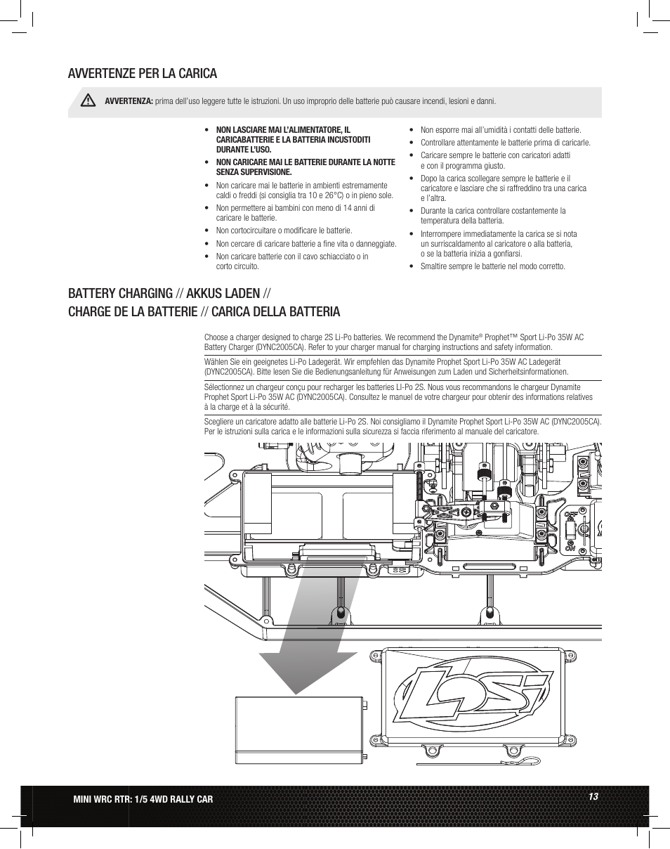 Avvertenze per la carica | Losi LOS05007 1/5 MINI WRC 4WD Rally Car Manual User Manual | Page 13 / 60