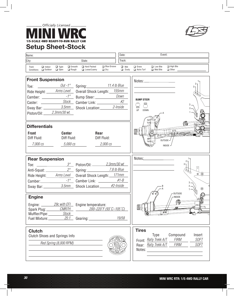 Setup sheet-stock, Front suspension differentials, Rear suspension | Engine, Tires, Clutch | Losi LOS05007 1/5 MINI WRC 4WD Rally Car Manual User Manual | Page 30 / 60