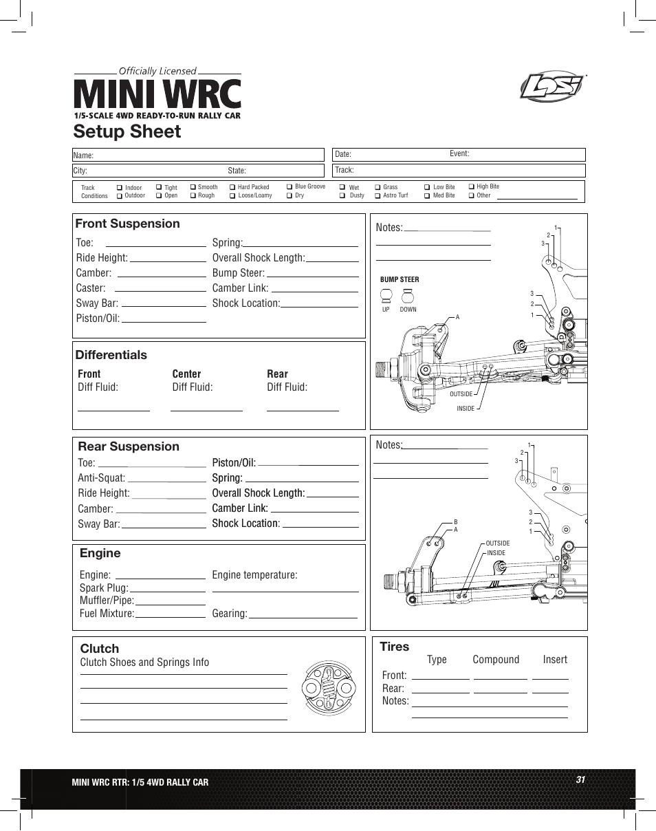 Setup sheet, Front suspension differentials rear suspension, Tires | Clutch, Engine | Losi LOS05007 1/5 MINI WRC 4WD Rally Car Manual User Manual | Page 31 / 60