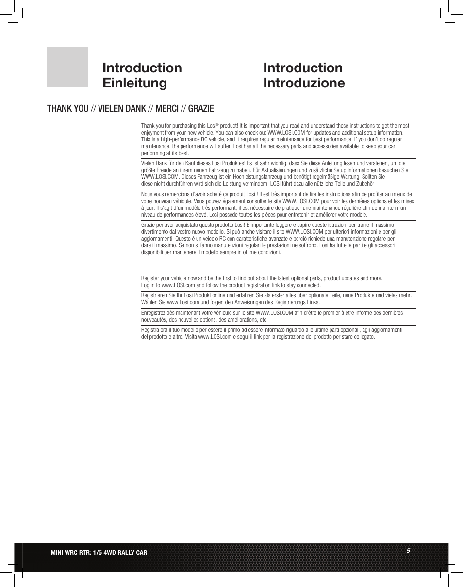 Introduction einleitung introduction introduzione | Losi LOS05007 1/5 MINI WRC 4WD Rally Car Manual User Manual | Page 5 / 60