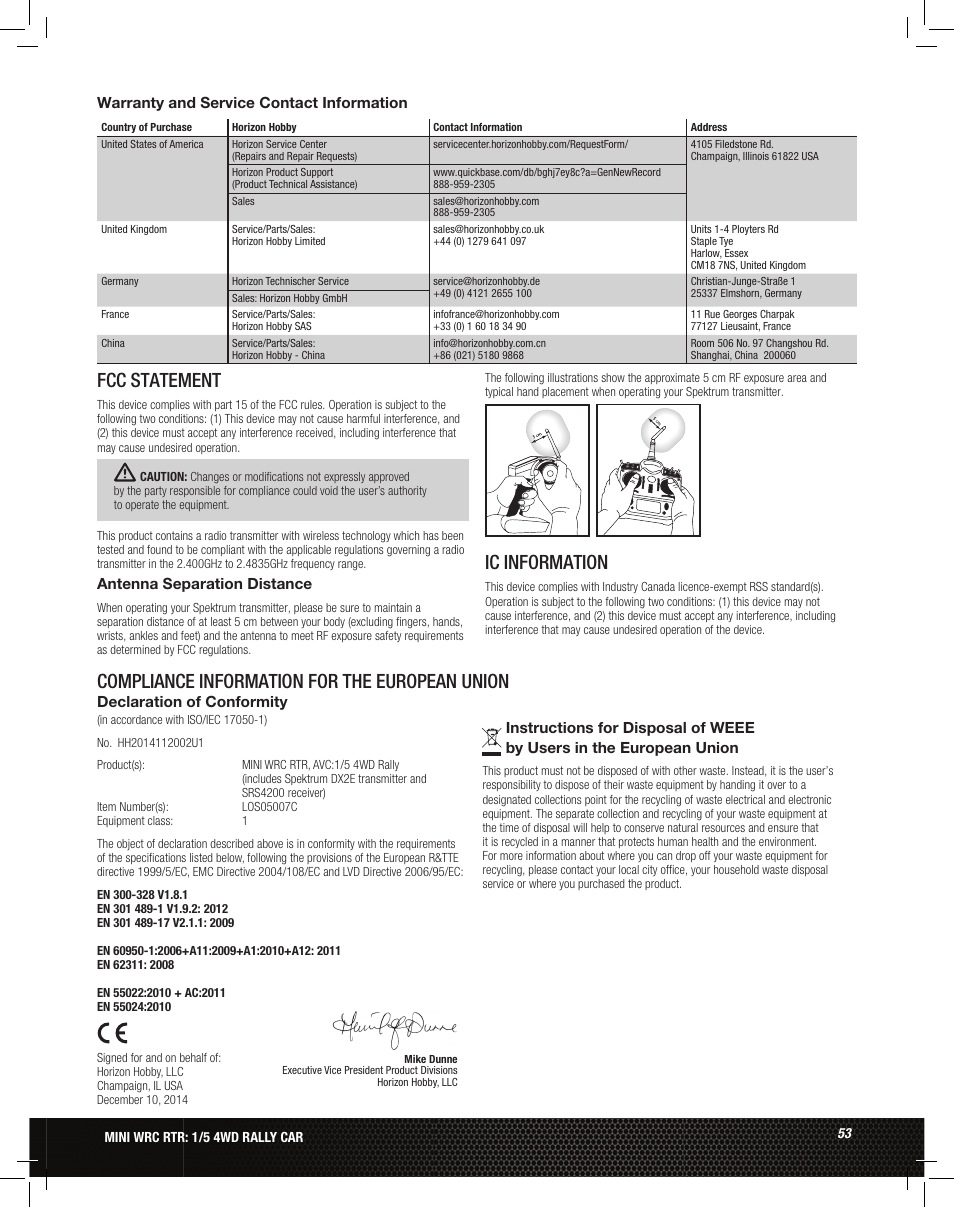 Fcc statement, Ic information, Compliance information for the european union | Losi LOS05007 1/5 MINI WRC 4WD Rally Car Manual User Manual | Page 53 / 60