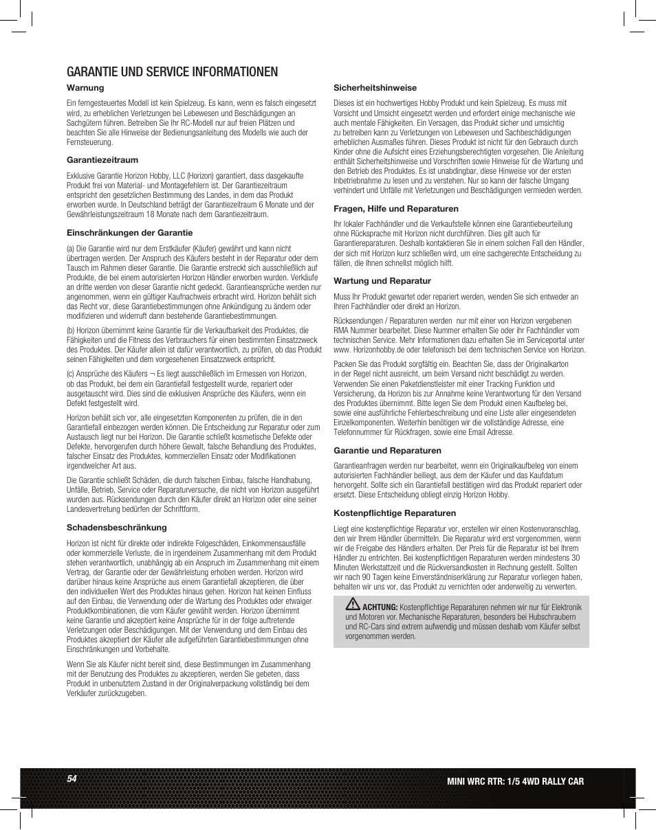 Garantie und service informationen | Losi LOS05007 1/5 MINI WRC 4WD Rally Car Manual User Manual | Page 54 / 60