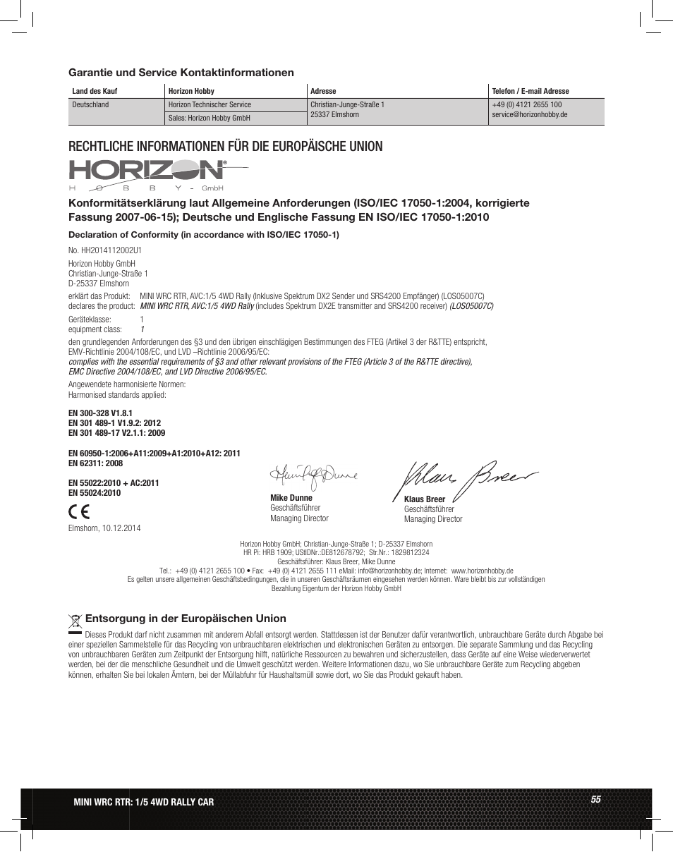 Rechtliche informationen für die europäische union | Losi LOS05007 1/5 MINI WRC 4WD Rally Car Manual User Manual | Page 55 / 60