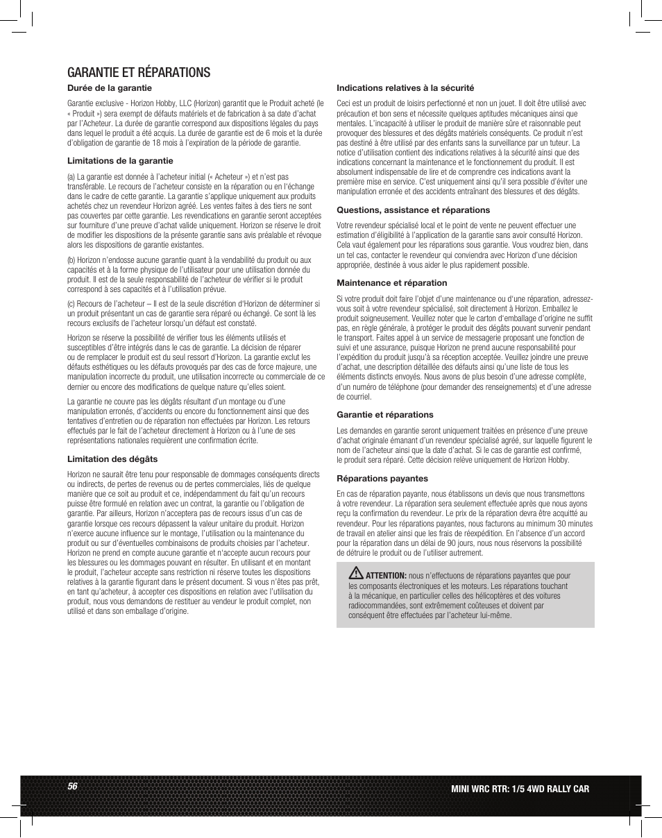 Garantie et réparations | Losi LOS05007 1/5 MINI WRC 4WD Rally Car Manual User Manual | Page 56 / 60