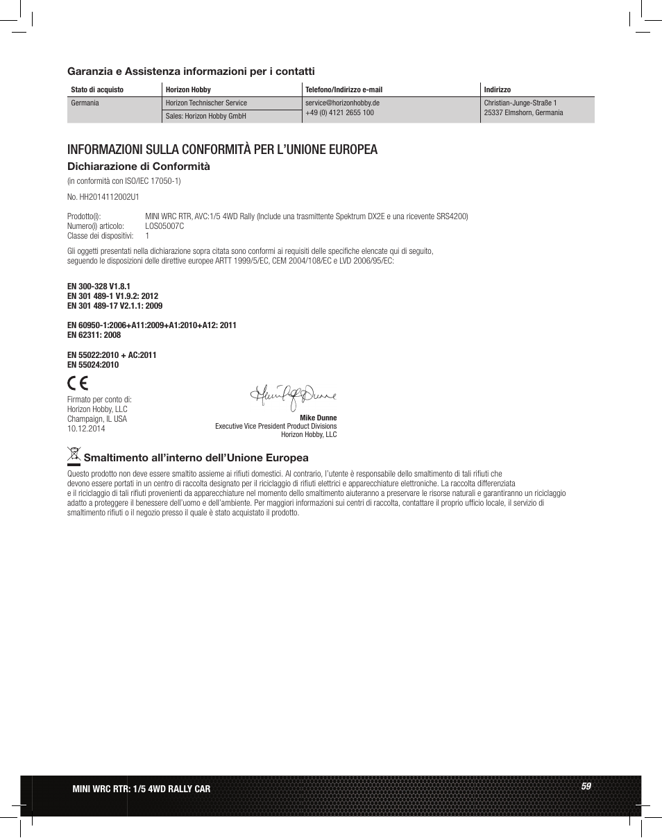 Informazioni sulla conformità per l’unione europea | Losi LOS05007 1/5 MINI WRC 4WD Rally Car Manual User Manual | Page 59 / 60