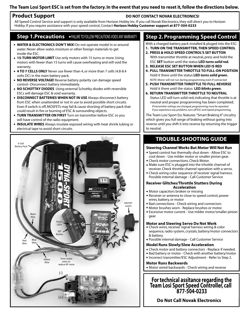 Step 1.precautions, Step 2. programming speed control, Trouble-shooting guide | Product support, Failure to follow precautions voids any warranty, Do not call novak electronics | Losi LOSA0095 Operation Guide User Manual | Page 3 / 4