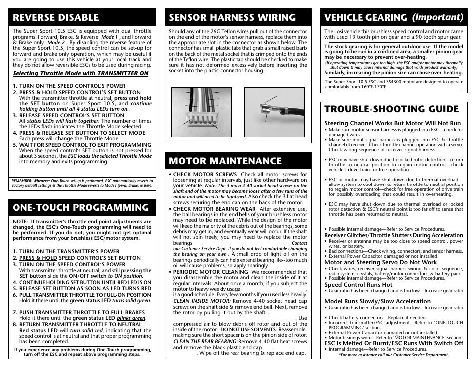 Trouble-shooting guide, Motor maintenance, Sensor harness wiring | Vehicle gearing (important) reverse disable, One-touch programming | Losi LOSA0096 Manual User Manual | Page 2 / 2
