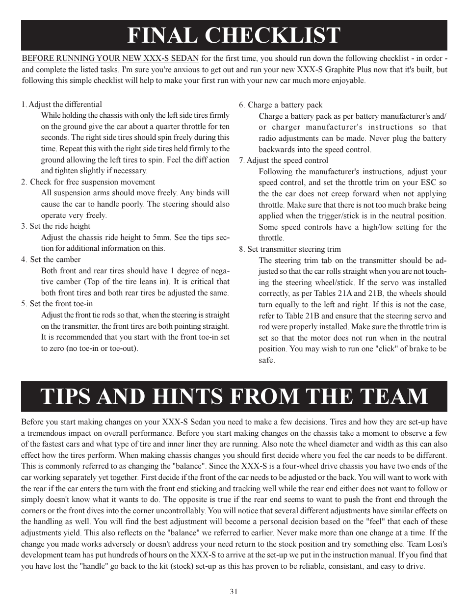 Final checklist, Tips and hints from the team | Losi XXX-S Sport User Manual | Page 34 / 40