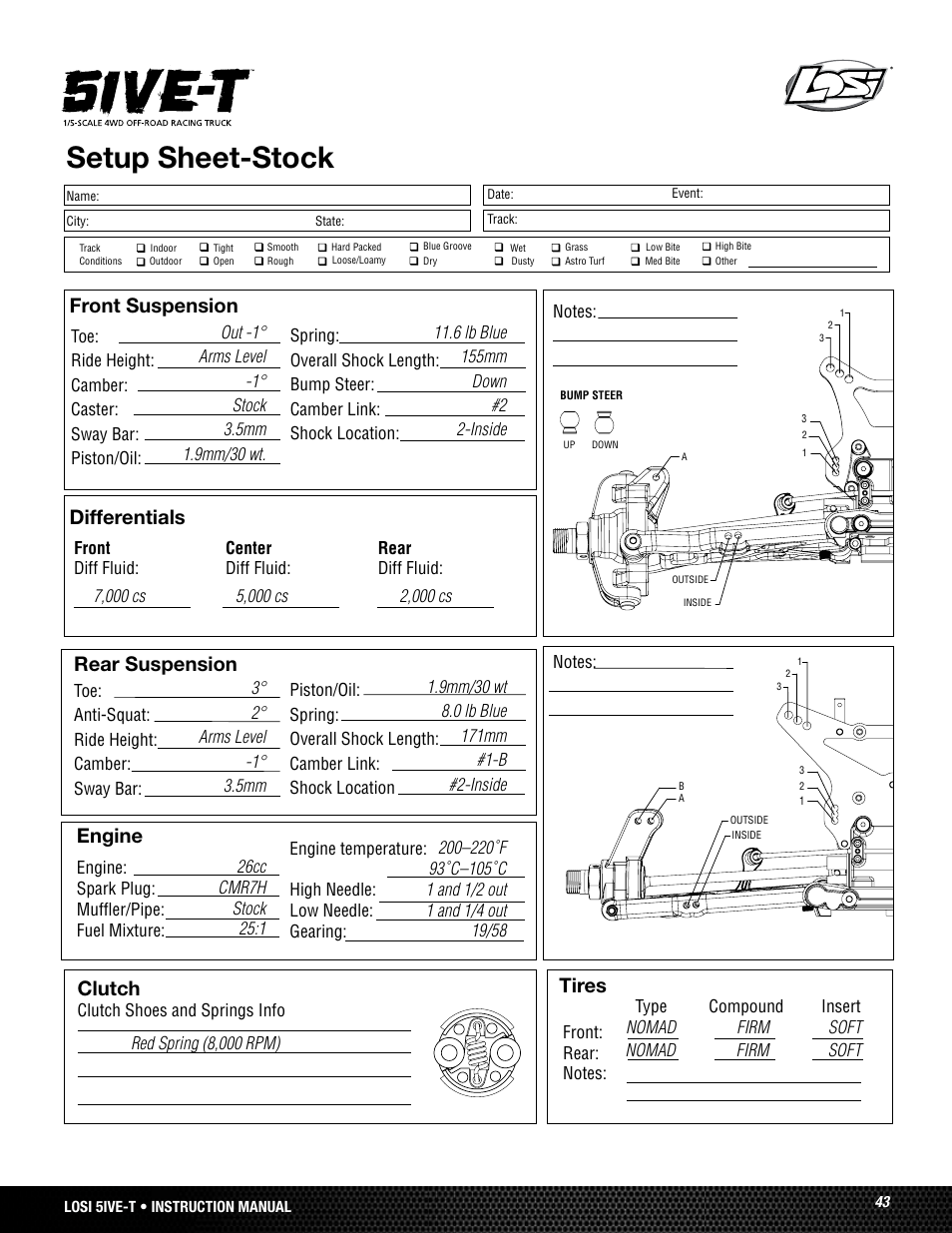 Setup sheet-stock, Front suspension differentials, Rear suspension | Engine, Tires, Clutch | Losi LOSB0019WHTBD User Manual | Page 43 / 96