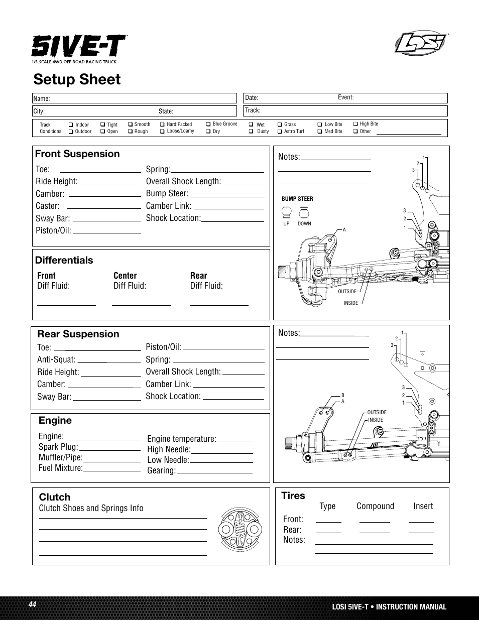 Setup sheet, Front suspension differentials, Rear suspension | Engine, Tires, Clutch | Losi LOSB0019WHTBD User Manual | Page 44 / 96