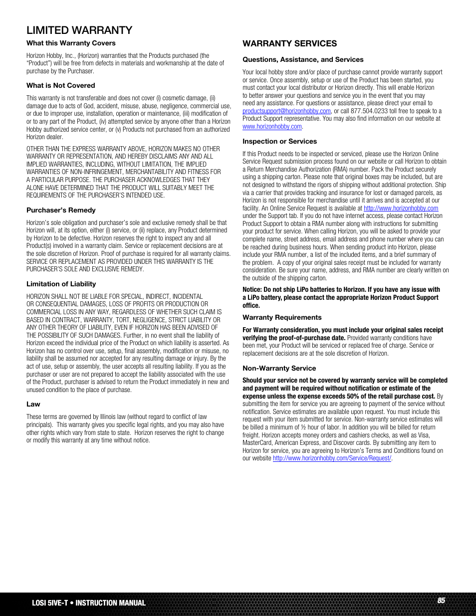 Limited warranty | Losi LOSB0019WHTBD User Manual | Page 85 / 96