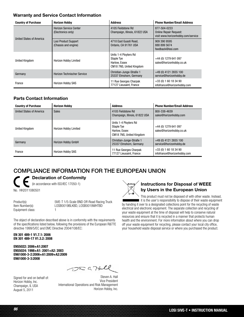 Compliance information for the european union, Warranty and service contact information, Declaration of conformity | Parts contact information | Losi LOSB0019WHTBD User Manual | Page 86 / 96