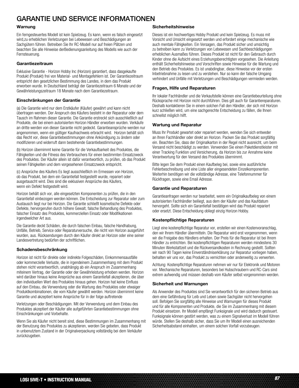 Garantie und service informationen | Losi LOSB0019WHTBD User Manual | Page 87 / 96