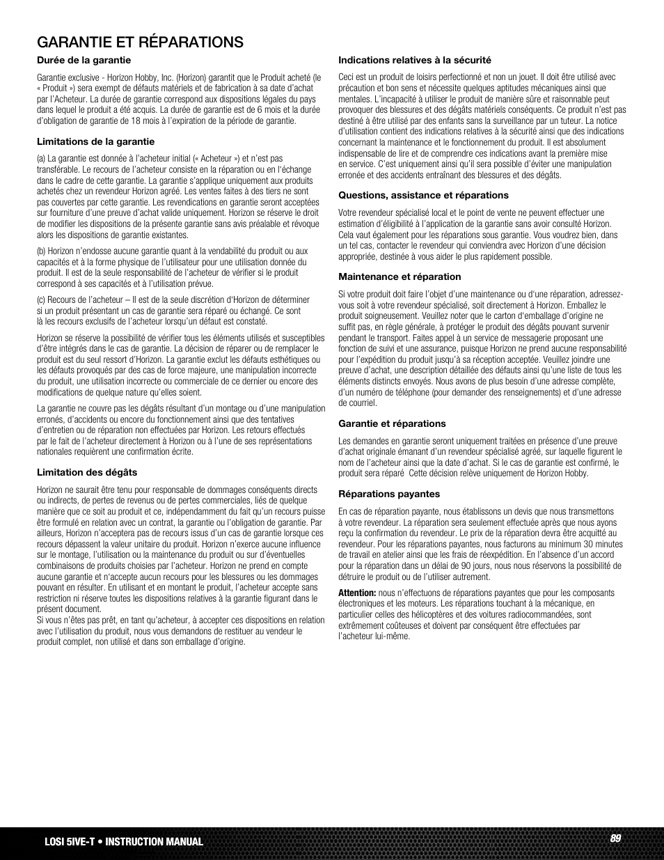 Garantie et réparations | Losi LOSB0019WHTBD User Manual | Page 89 / 96