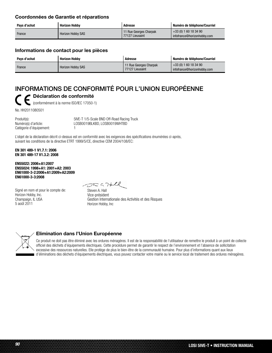 Informations de conformité pour l’union européenne | Losi LOSB0019WHTBD User Manual | Page 90 / 96
