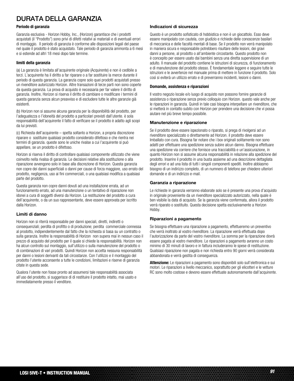 Durata della garanzia | Losi LOSB0019WHTBD User Manual | Page 91 / 96