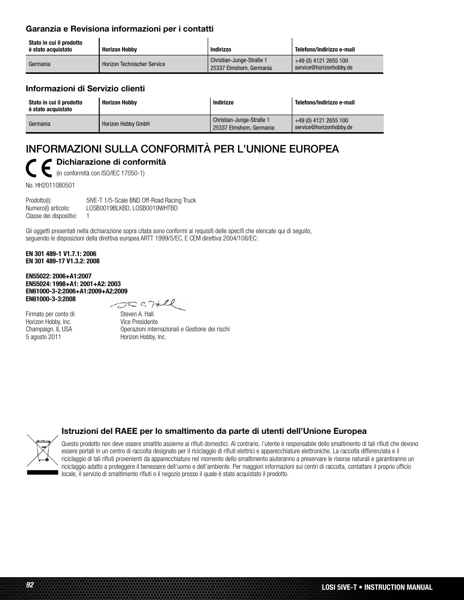 Informazioni sulla conformità per l’unione europea | Losi LOSB0019WHTBD User Manual | Page 92 / 96