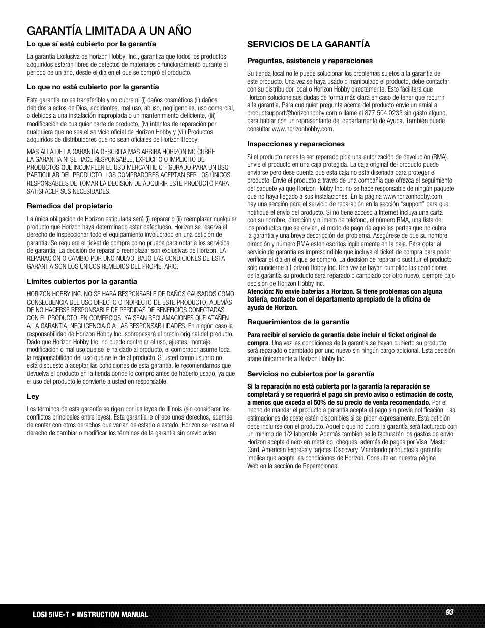 Garantía limitada a un año | Losi LOSB0019WHTBD User Manual | Page 93 / 96
