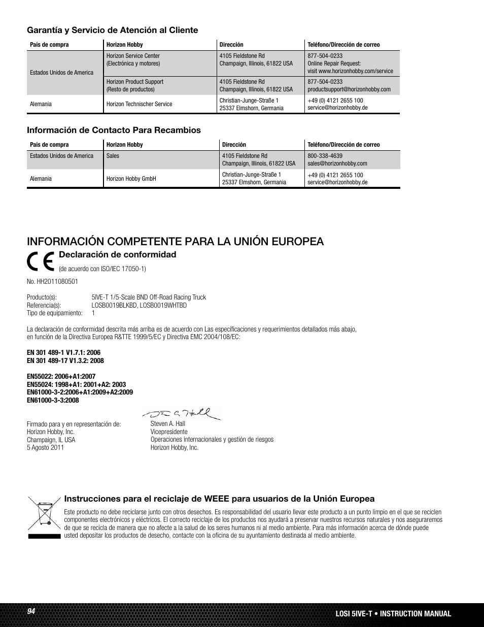 Información competente para la unión europea, Declaración de conformidad | Losi LOSB0019WHTBD User Manual | Page 94 / 96