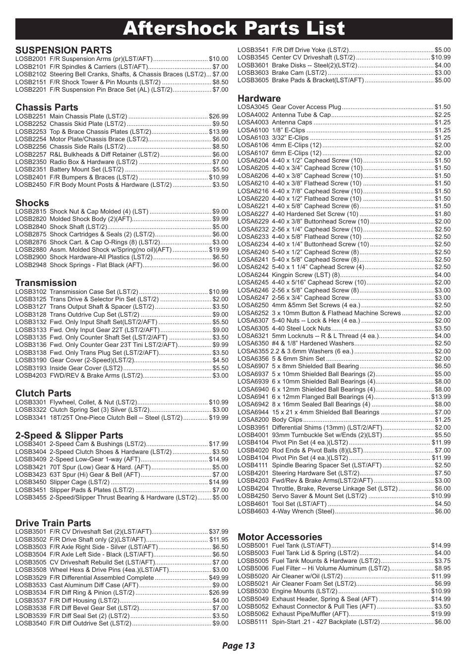 Aftershock parts list, Page 13 suspension parts, Chassis parts | Shocks, Transmission, Clutch parts, Speed & slipper parts, Drive train parts, Hardware, Motor accessories | Losi LOSB0012 User Manual User Manual | Page 14 / 24