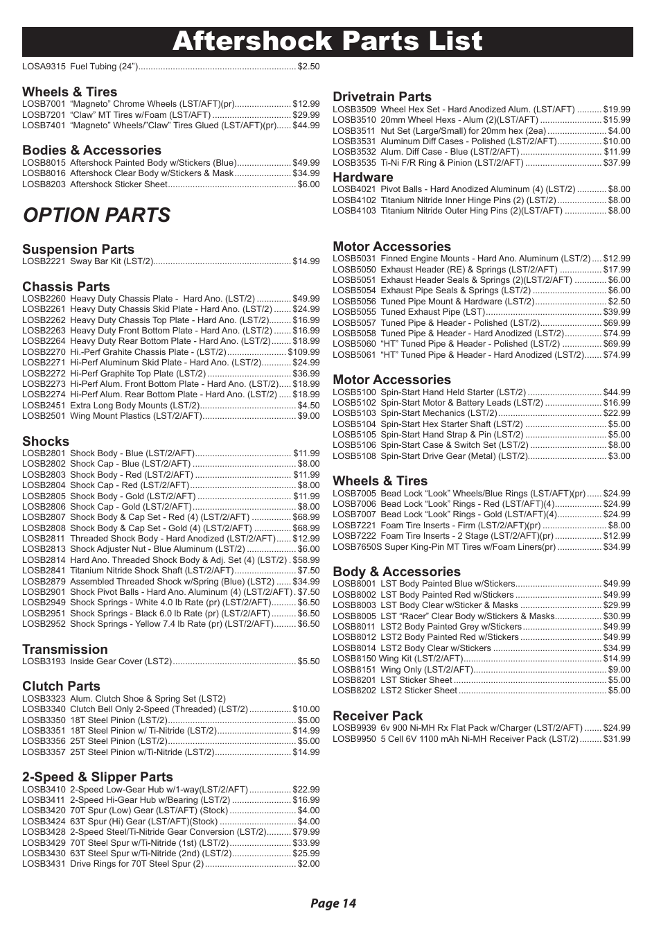 Aftershock parts list, Option parts, Page 14 | Wheels & tires, Bodies & accessories, Suspension parts, Chassis parts, Shocks, Transmission, Clutch parts | Losi LOSB0012 User Manual User Manual | Page 15 / 24