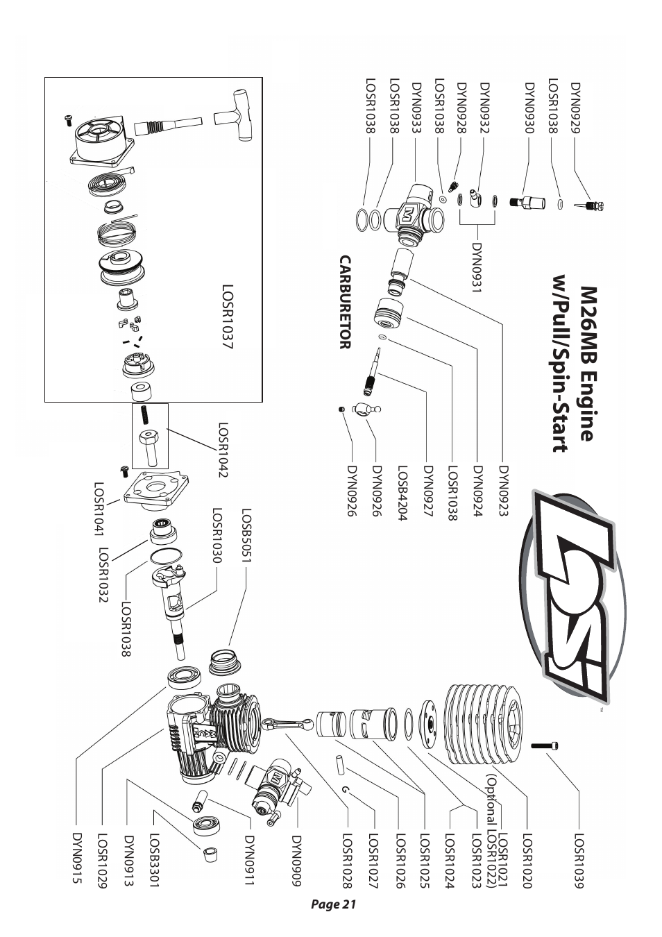 M26mb e ngine w/p ull/s pin-s tar t | Losi LOSB0012 User Manual User Manual | Page 22 / 24