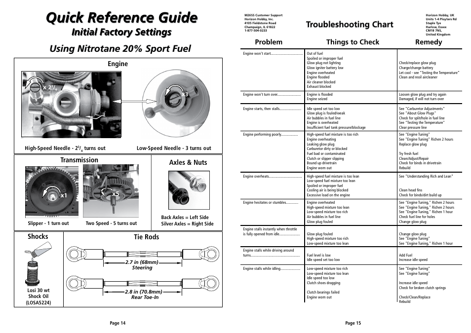 Quick reference guide, Initial factory settings, Using nitrotane 20% sport fuel | Troubleshooting chart, Engine, Axles & nuts shocks tie rods transmission, Problem things to check remedy | Losi LOSB0012LE User Manual User Manual | Page 8 / 15