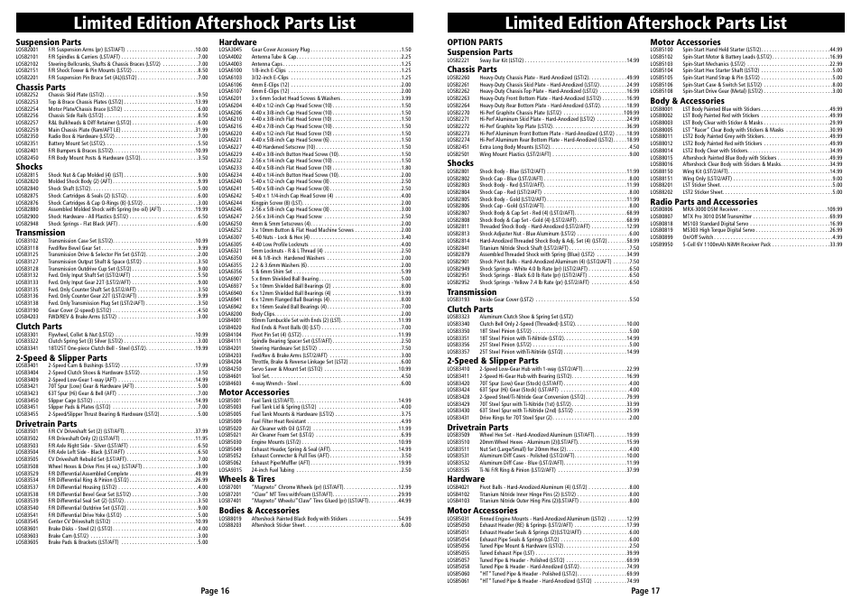 Limited edition aftershock parts list | Losi LOSB0012LE User Manual User Manual | Page 9 / 15