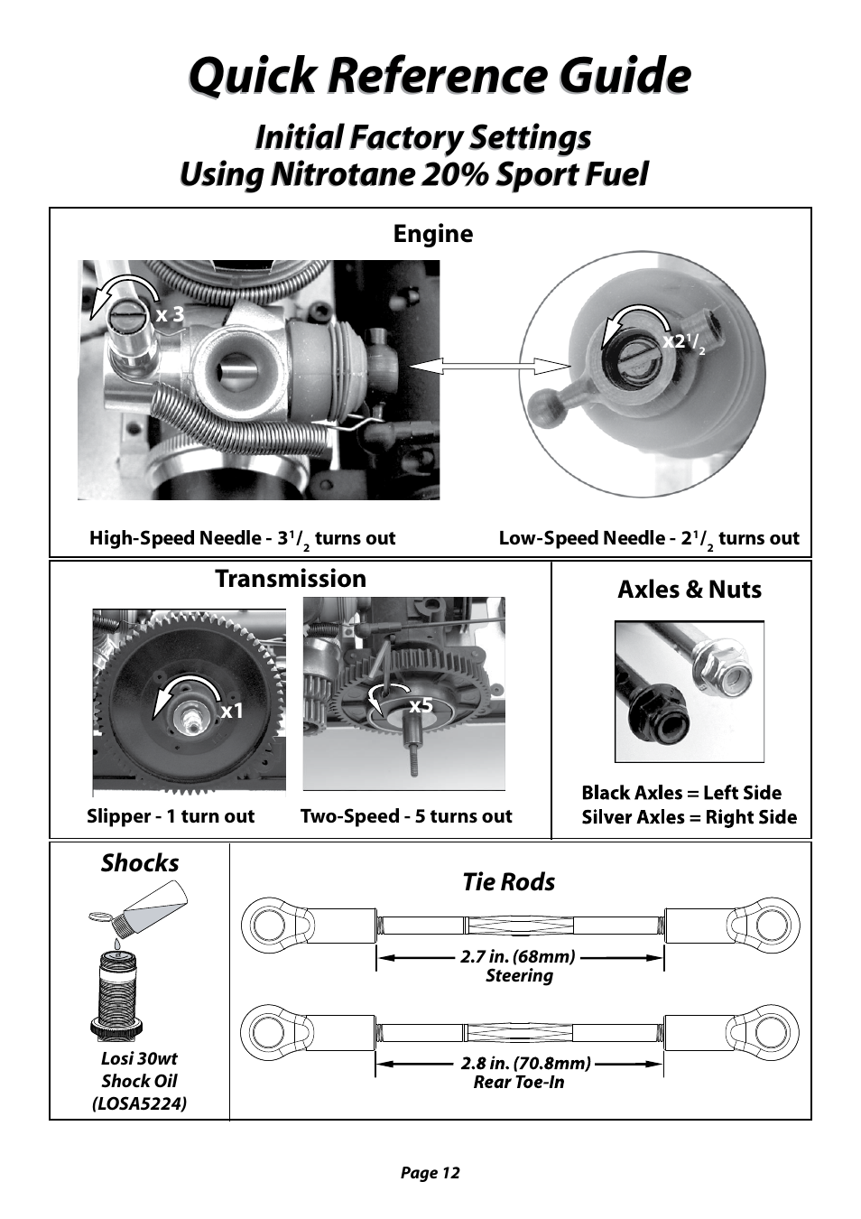 Losb0013_mega-baja-lores_manual 12.pdf, Quick reference guide, Initial factory settings | Using nitrotane 20% sport fuel | Losi LOSB0013 User Manual User Manual | Page 12 / 15