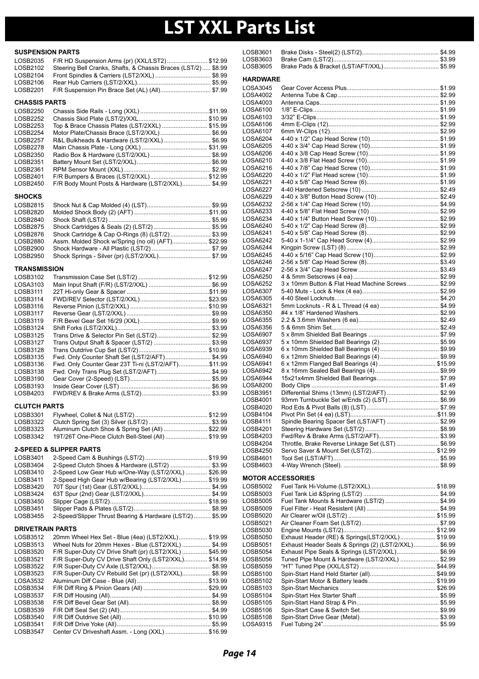 Lst xxl parts list, Page 14 | Losi LST XXL User Manual User Manual | Page 14 / 24